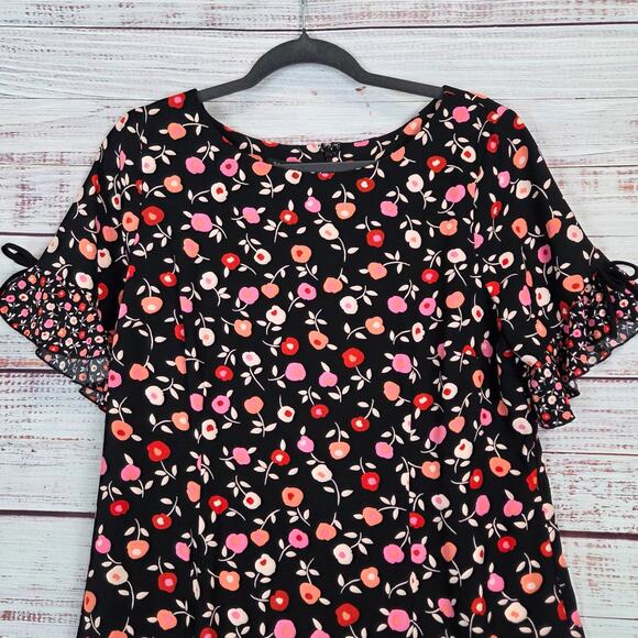 Talbots Jewel Neck Shift Dress 12P Black Pink Poppy Floral Short Sleeve Ruffle - Picture 4 of 16